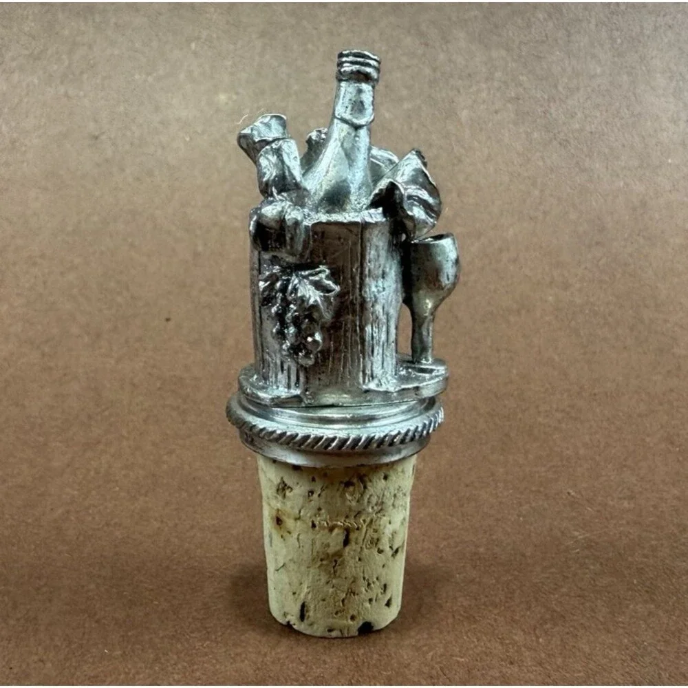 Vintage Etched Pewter W/Cork Wine Bottle in Bucket Bottle Stopper